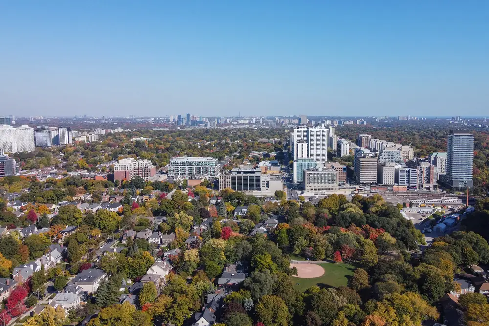 Aerial view over the tree-lined streets and apartment towers of Davisville Village in autumn, Toronto