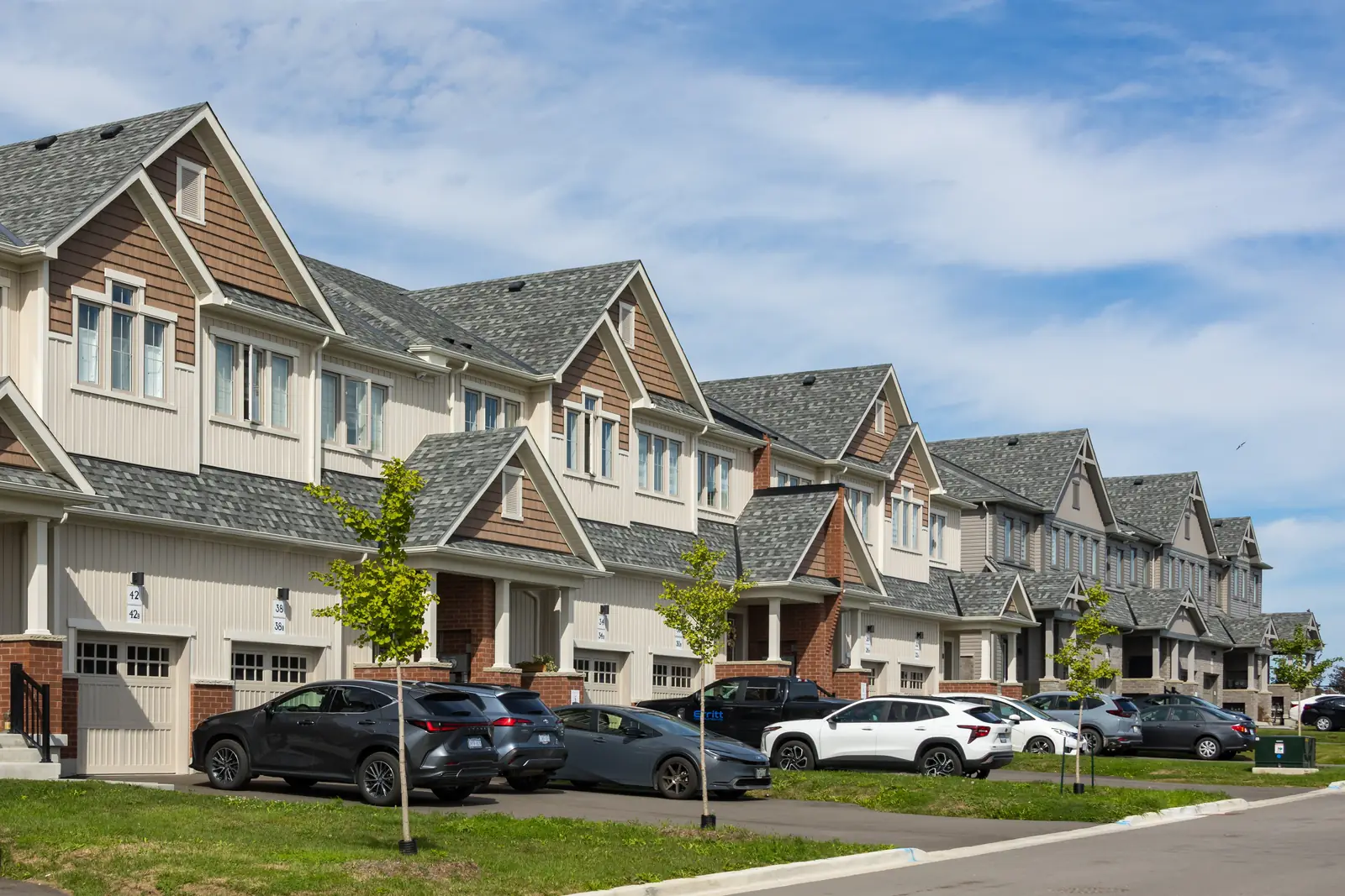 A row of new townhomes on a suburban street in Newcastle, Clarington, in the eastern GTA