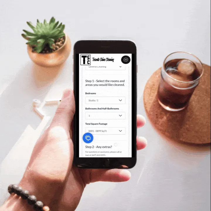 Book your cleaning online: the Toronto Shine Cleaning booking page on a phone