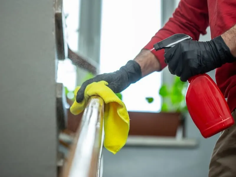 A cleaner in gloves wiping a handrail with a microfibre cloth