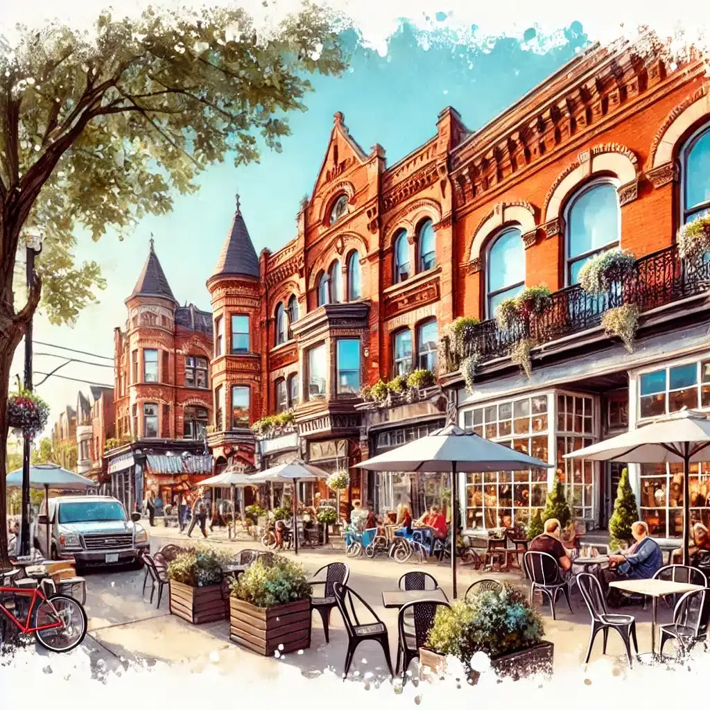 Hand-painted watercolour of Leslieville’s red-brick Victorian storefronts and café patios