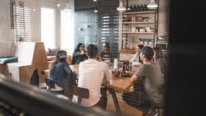 Office meeting, people talking, all clean, Regular Office Cleaning