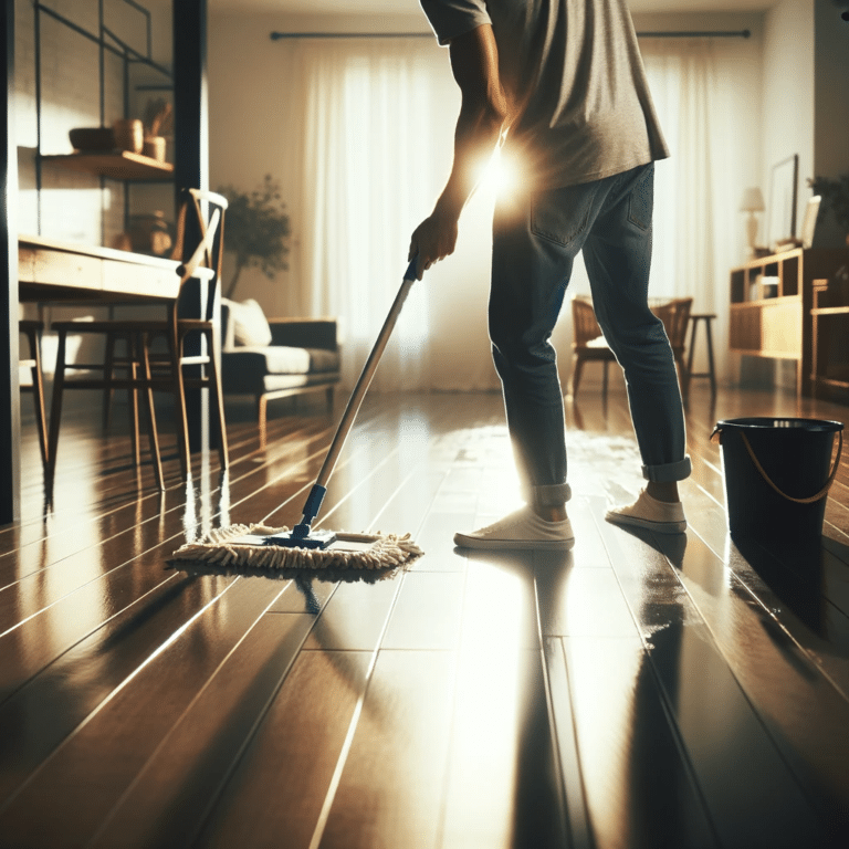 Mopping floor with organized cleaning supplies.
