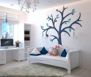 Kids bedroom with sofa, monitor, art on the wall, Back-to-School Cleaning