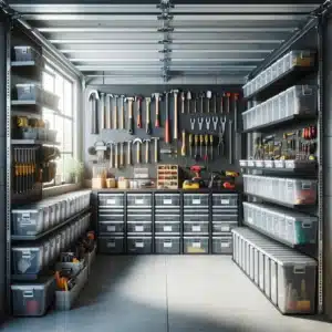Garage organization with neat storage shelves.