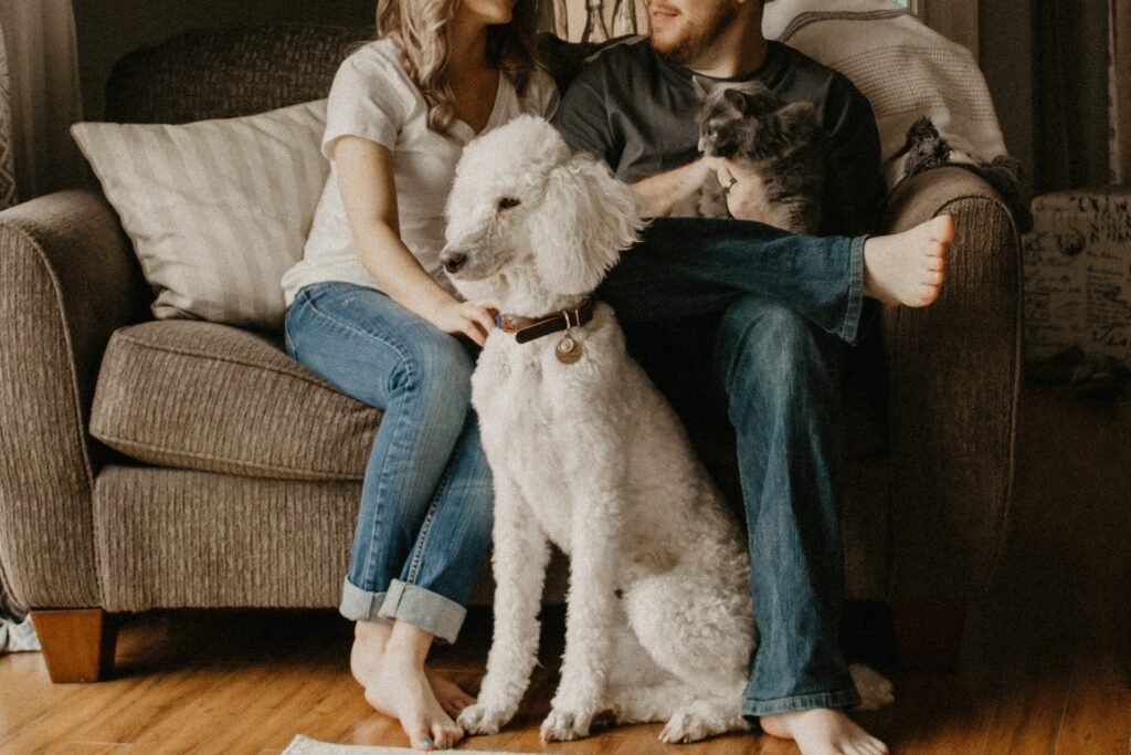 couple with a white pet dog indoors