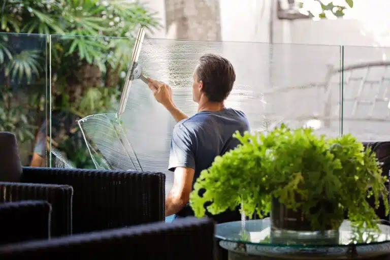 Office window cleaning by men surrounded by plants