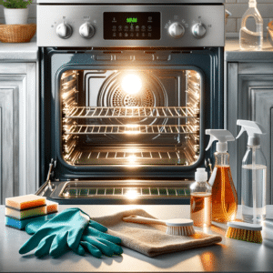 Clean oven, cleaning products, gloves and sponges.
