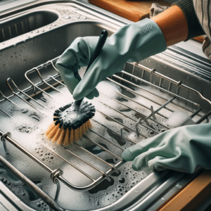 Cleaning oven racks, sink, cleaning gloves