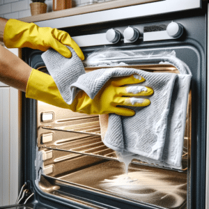 Cleaning oven with baking soda, using a cloth 