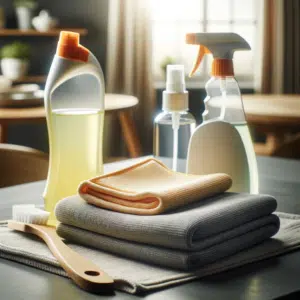 Microfiber cloth alongside assorted cleaning supplies