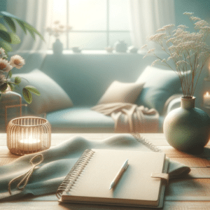 paper and pen in a calm environment, plants, sunlight, sofa, candles