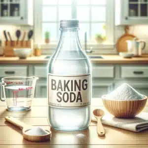 Baking soda in wooden shaker by kitchen window, for cleaning metal
