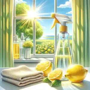 Natural lemon window cleaner in spray bottle.