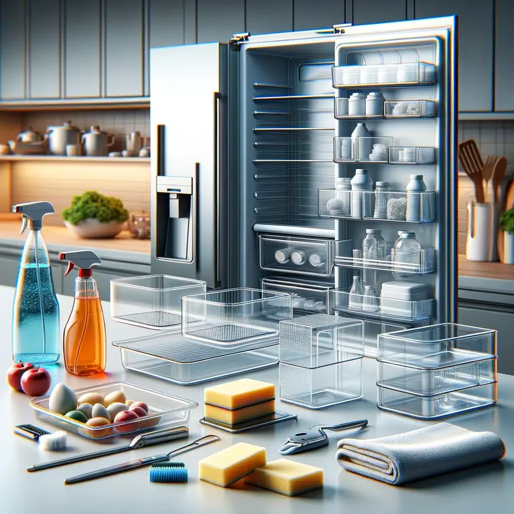 Fridge organization with clean shelves and bins.