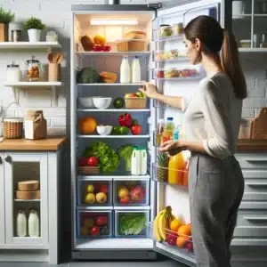 Efficient fridge layout with fresh produce. Groceries 