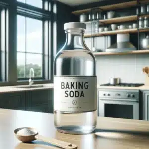 Baking soda in wooden shaker by kitchen window
