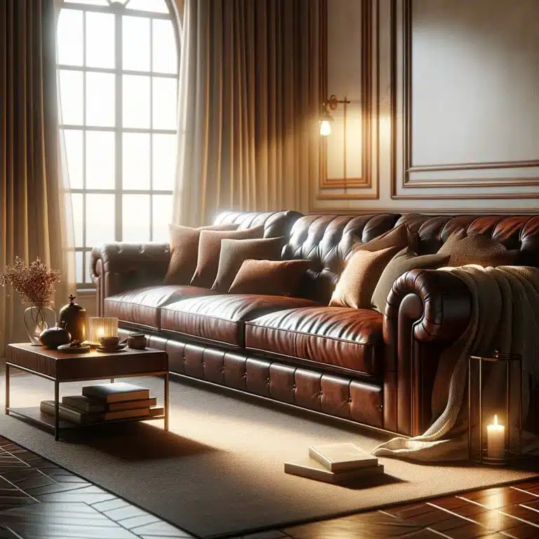 Elegant Cozy Living Room with Luxurious Deep Brown Leather Couch