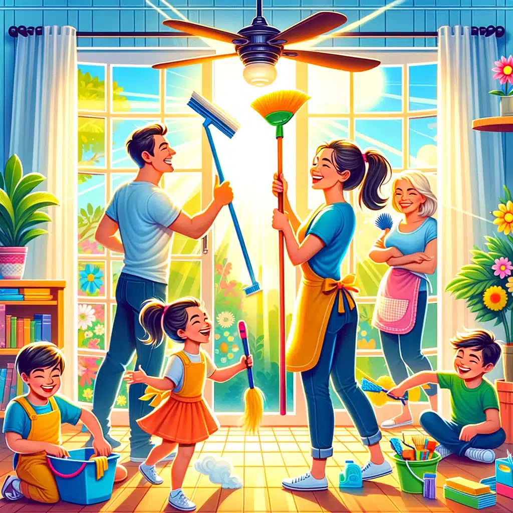 Family Enjoying Spring Cleaning in Sunny Home Illustration, Easy Spring Cleaning Tasks