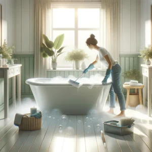 Person cleaning a sparkling white bathtub in a bright, airy bathroom.