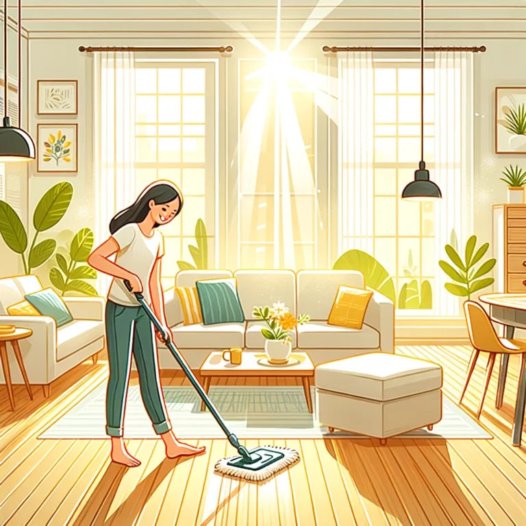 Person joyfully cleaning a sunny, cozy living room floor.
