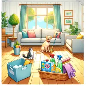 Clean Living Room with Playful Dog and Cat, homeowners