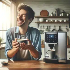 Happy person enjoying coffee in a modern kitchen with an espresso machine.