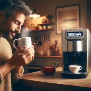 Person savoring coffee near a Nescafe machine in a cozy setting.