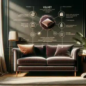 Cozy Living Room with Velvet Couch and Detailed Annotations, Stains on Velvet Couches