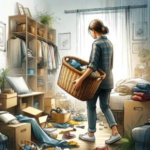 Person decluttering room with basket in hand. Declutter in Oshawa
