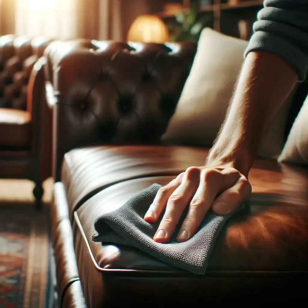 Luxurious Leather Couch Cleaning Close-Up, Clean with Alcohol