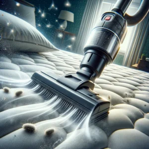Powerful vacuum deep cleans mattress, highlighting the cleaners head in action. Declutter and Clean