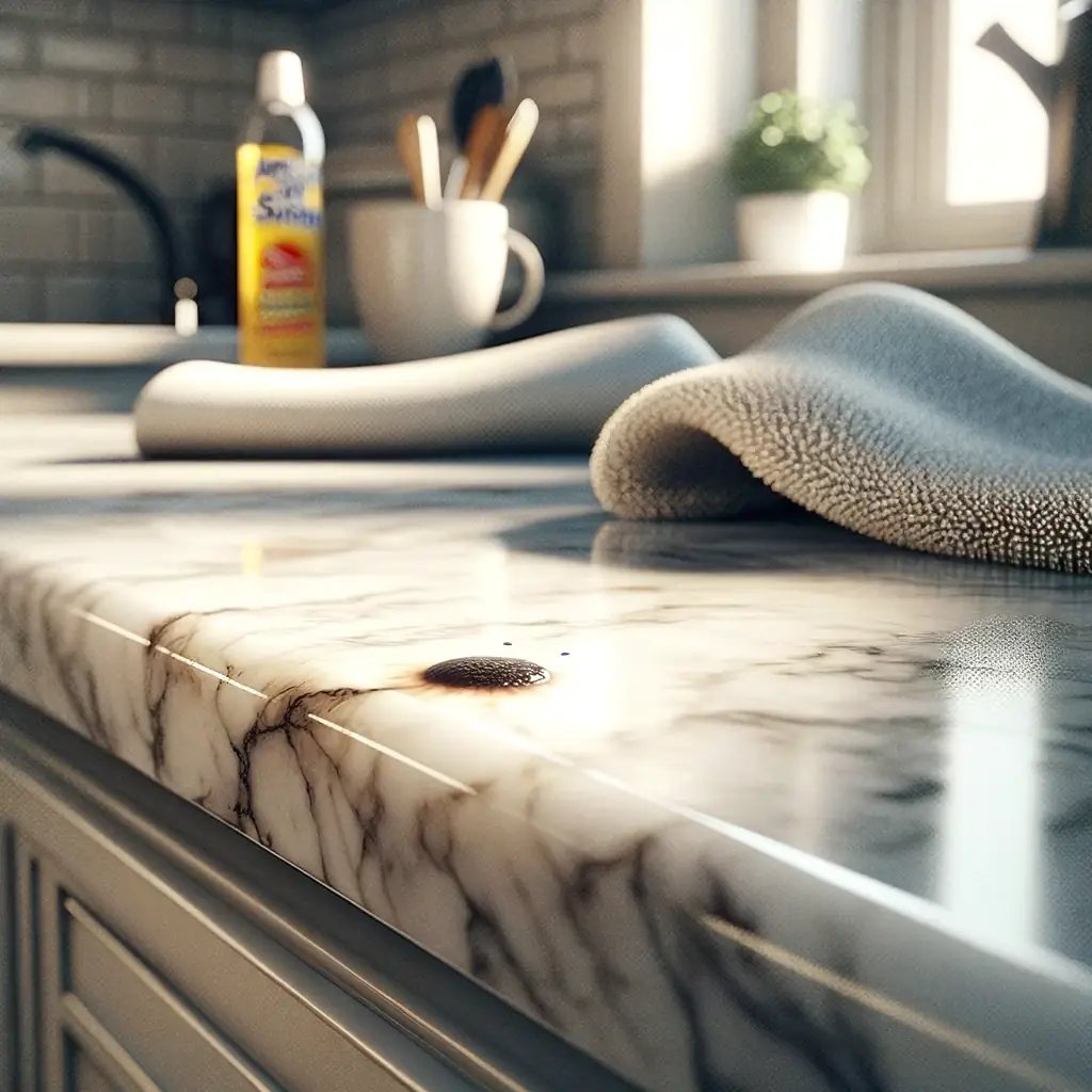 Small stain on elegant marble kitchen countertop.