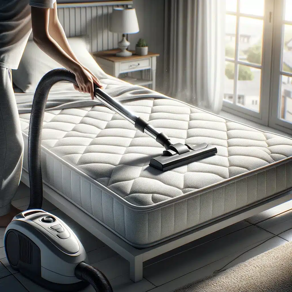 Person cleaning mattress with vacuum in sunny bedroom.