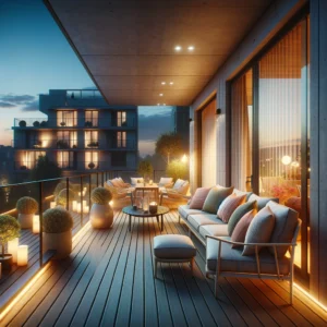 Modern, easy-clean balcony furniture on pristine decking at dusk.