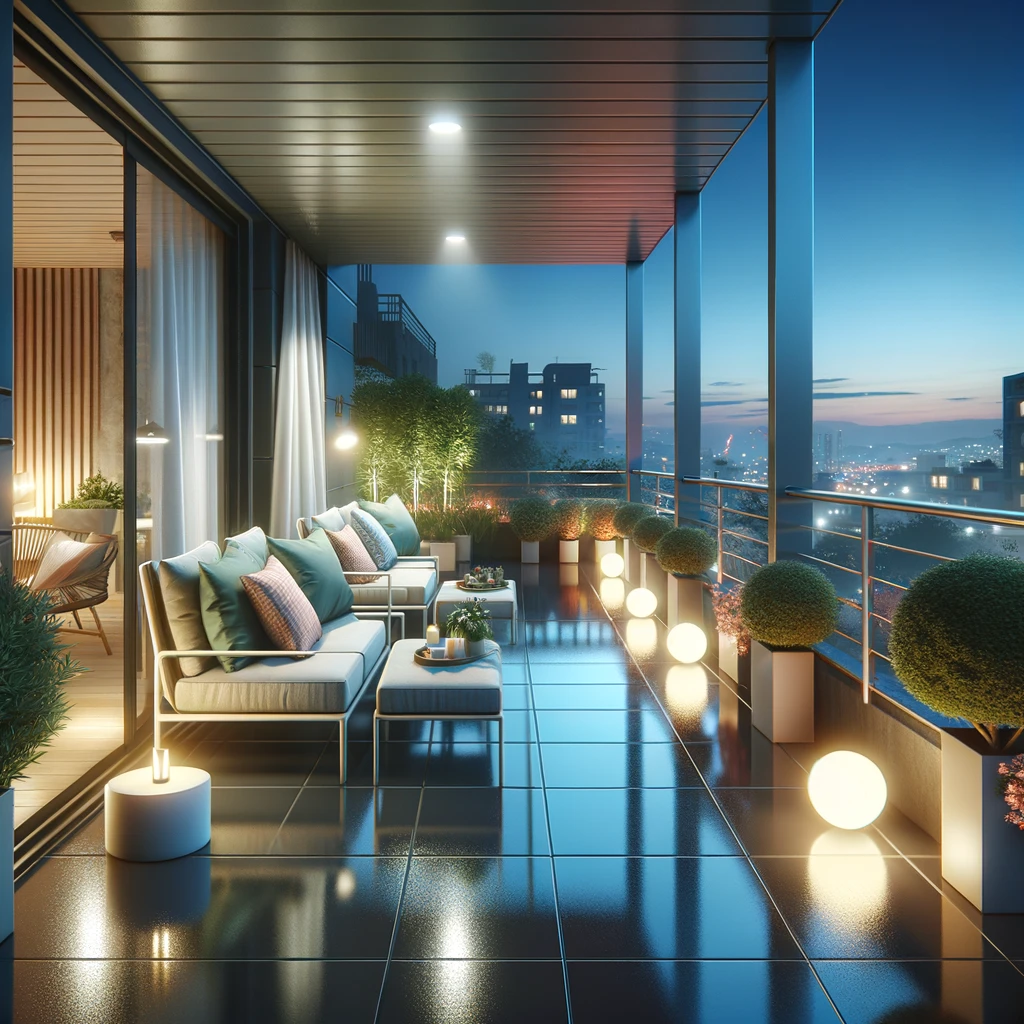 Spotless modern balcony with sleek furniture at dusk.