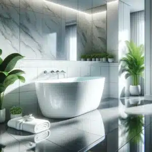 Minimalist white bathtub with reflective surface in a bright, modern bathroom design. Clean Your Bathtub