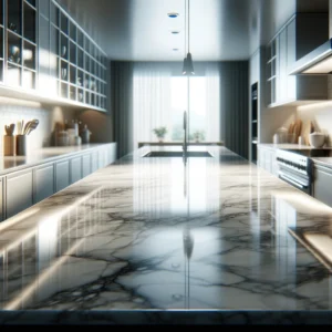 Pristine marble or granite kitchen countertop with reflective surface.