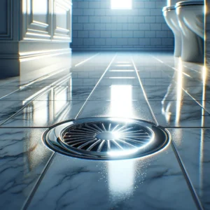 Sparkling clean bathroom drain amid glossy tiles.