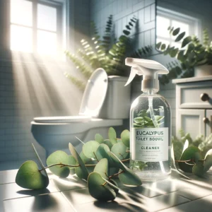 Bright bathroom with natural lighting and elegant eucalyptus spray bottle.