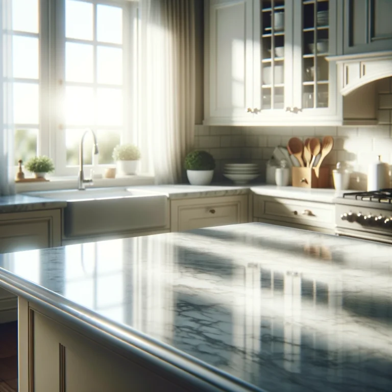 Pristine marble kitchen countertop gleaming in natural sunlight.