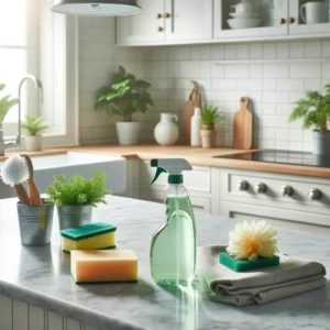 Bright modern kitchen with gleaming marble countertop and eco-friendly bottle.