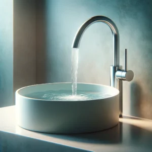 Minimalist modern bathroom sink with elegant water flow design.