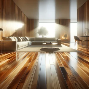 Morning-lit living room with polished ply wood floors.