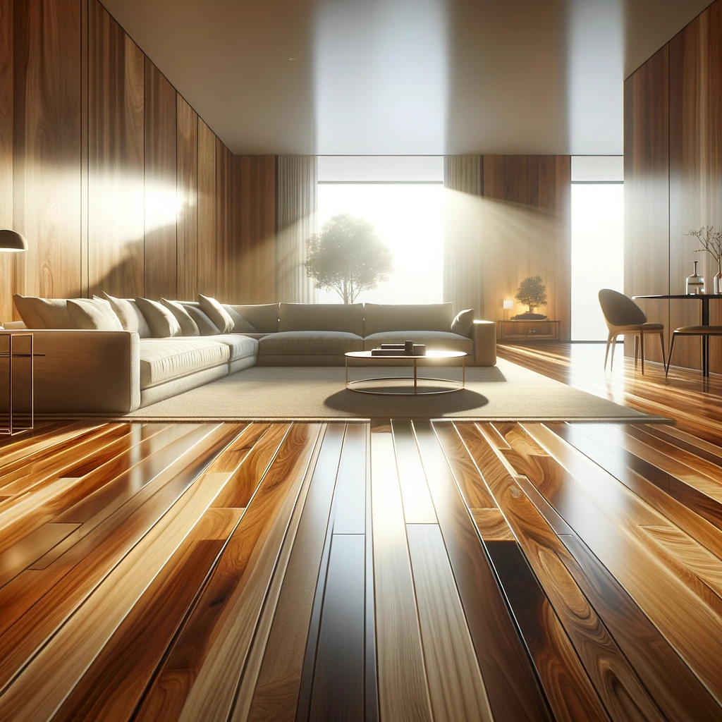 Morning-lit living room with polished plywood floors.