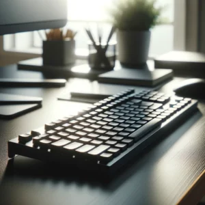 Close-up of clean, modern black keyboard on an organized desk with soft lighting.