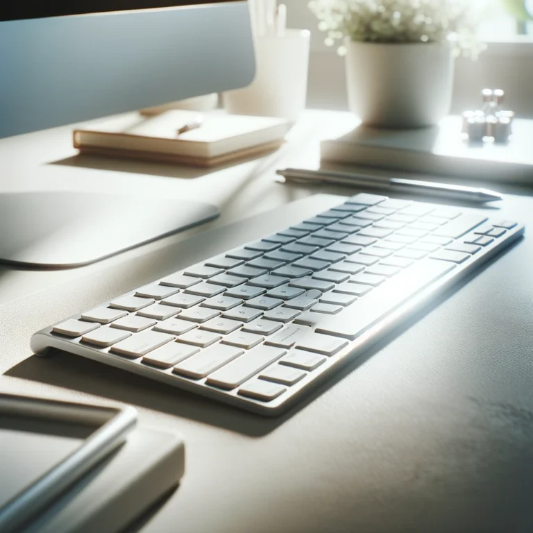 Modern, clean computer keyboard on an organized desk with soft lighting.