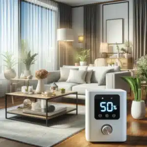 Modern living room with 50% humidity displayed on a digital hygrometer.