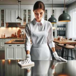 Maid in white uniform cleaning modern kitchen with stainless steel surfaces. House Cleaners