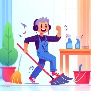 Person joyfully dancing and sweeping with headphones on.
